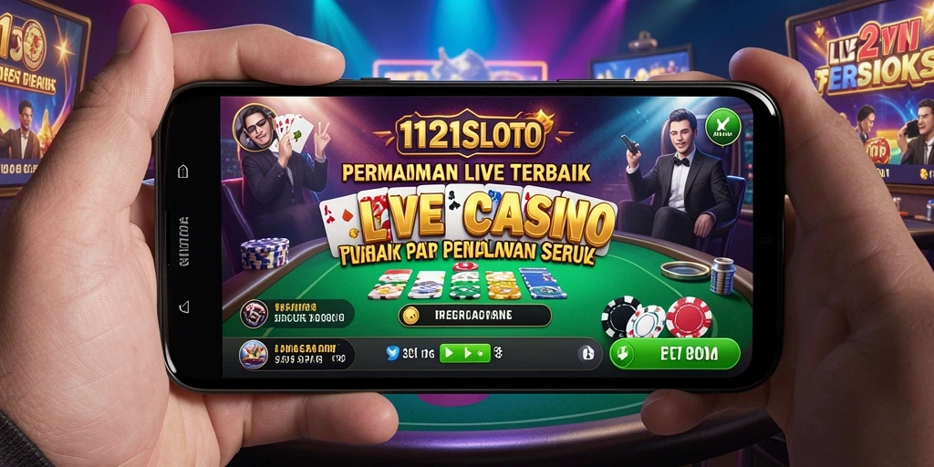 Screenshot gameplay Live Casino 1121SLOT yang menampilkan dealer langsung dan meja permainan.