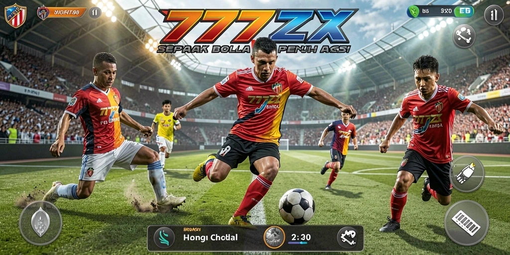 Tampilan gameplay menarik dalam 777ZX yang penuh aksi sepak bola.