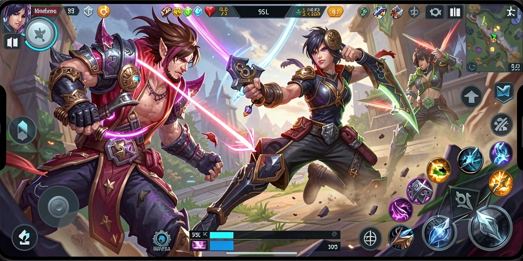 Screenshot gameplay 9SL menampilkan pertarungan seru antar karakter.