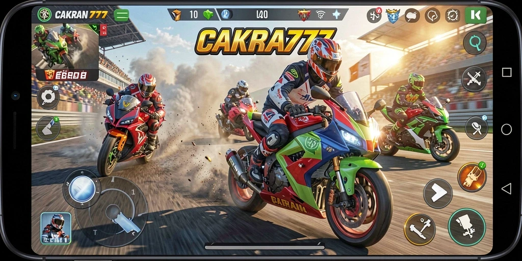 Gameplay seru dalam CAKRA777 di lintasan balap motor.