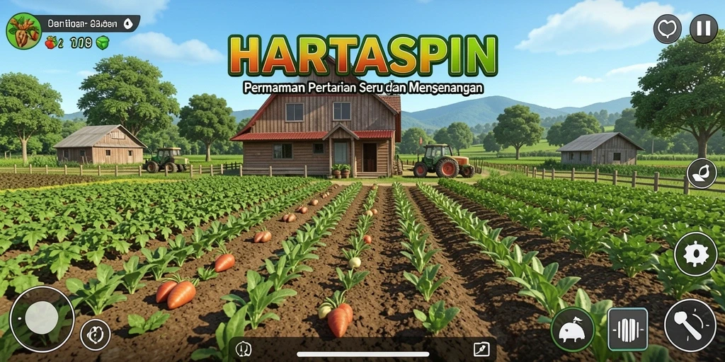 Tangkapan layar HARTASPIN menampilkan pengalaman bertani yang seru dan penuh warna.