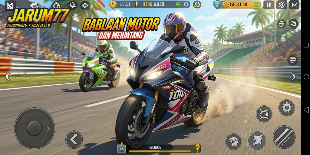 Tampilan gameplay seru dari JARUM77 dalam balapan motor.