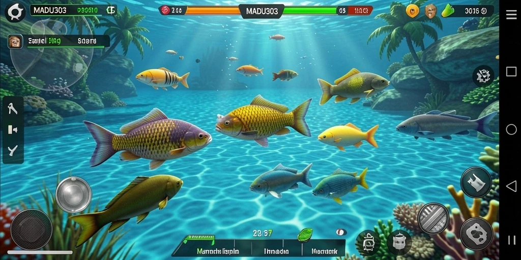 Tampilan gameplay seru dengan berbagai jenis ikan untuk ditangkap.