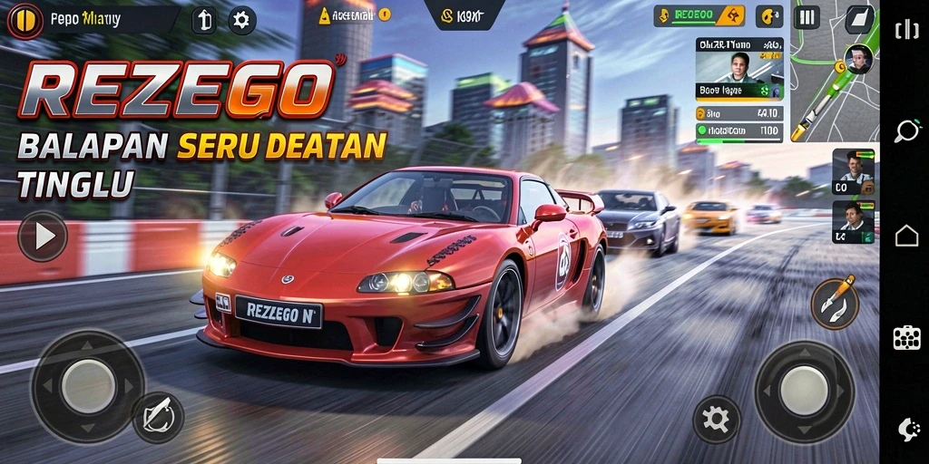 Tampilan gameplay balapan seru di REZEGO dengan trek yang menantang.