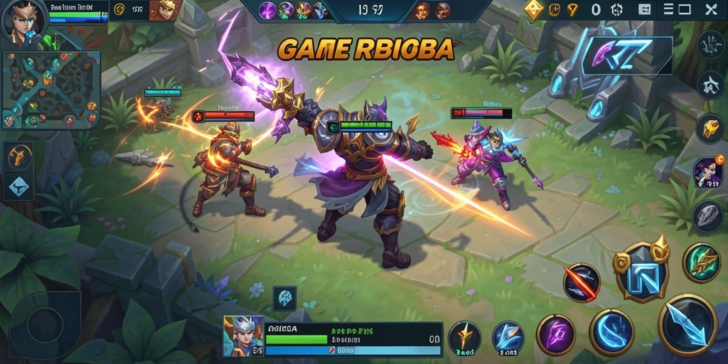 Tampilan gameplay seru di RICH7 dengan aksi MOBA yang mendebarkan.