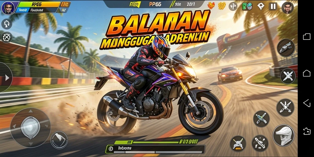 Tampilan gameplay balapan motor yang seru dan mendebarkan.